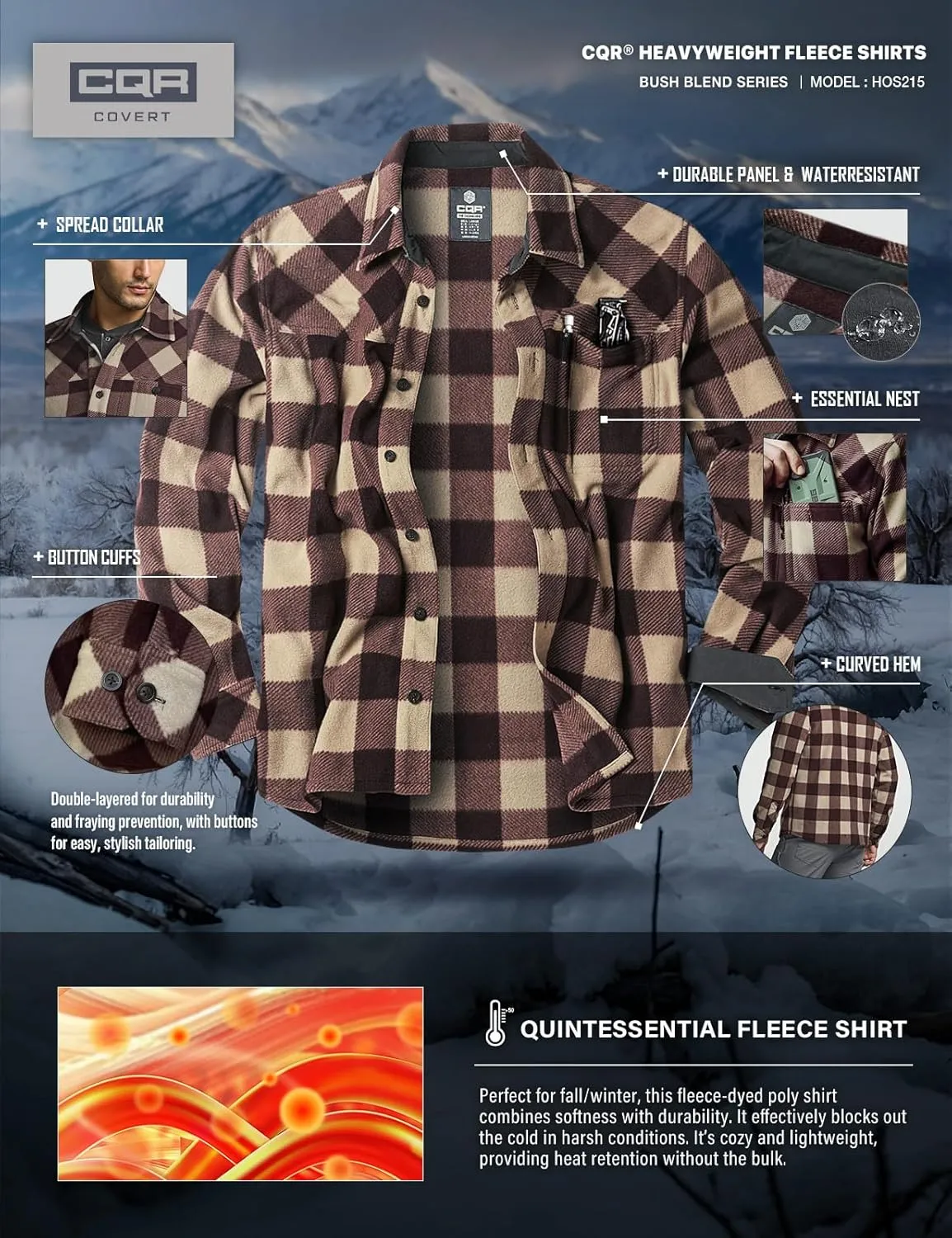 CQR Men's Long Sleeve Heavyweight Fleece Shirts, Plaid Button Up Shirt, Warm Outdoor Casual Shirt with Pockets