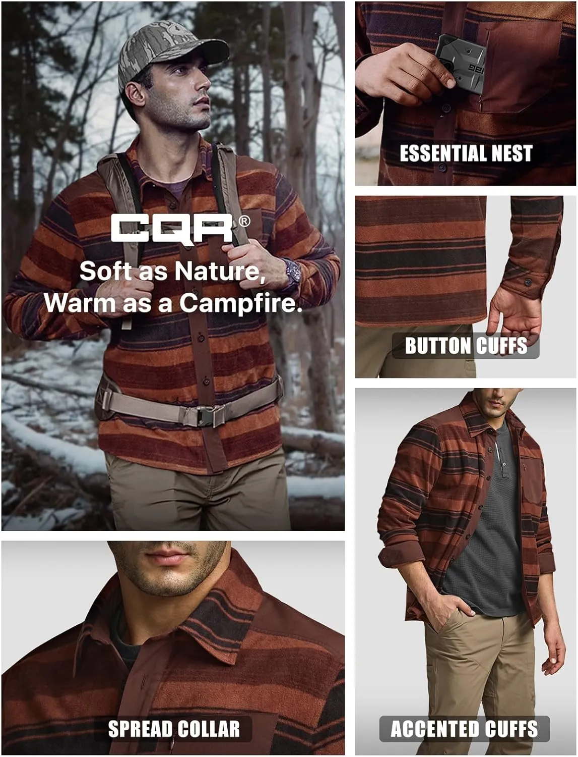 CQR Men's Long Sleeve Heavyweight Fleece Shirts, Plaid Button Up Shirt, Warm Outdoor Casual Shirt with Pockets