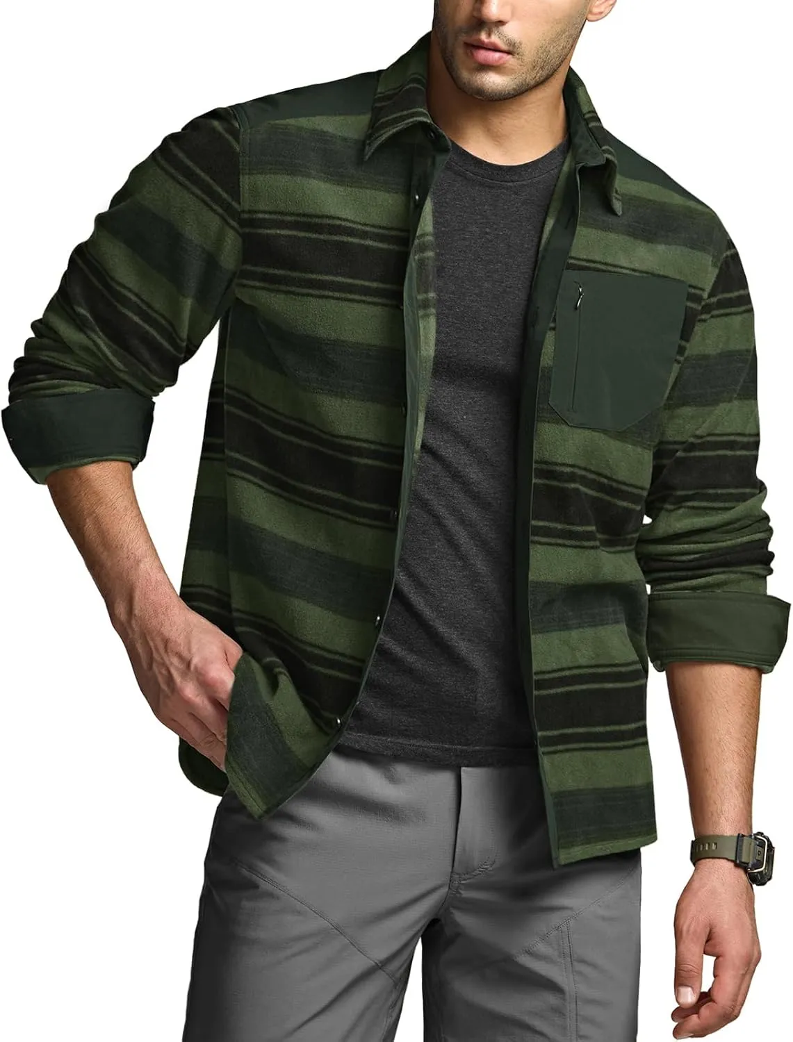 CQR Men's Long Sleeve Heavyweight Fleece Shirts, Plaid Button Up Shirt, Warm Outdoor Casual Shirt with Pockets