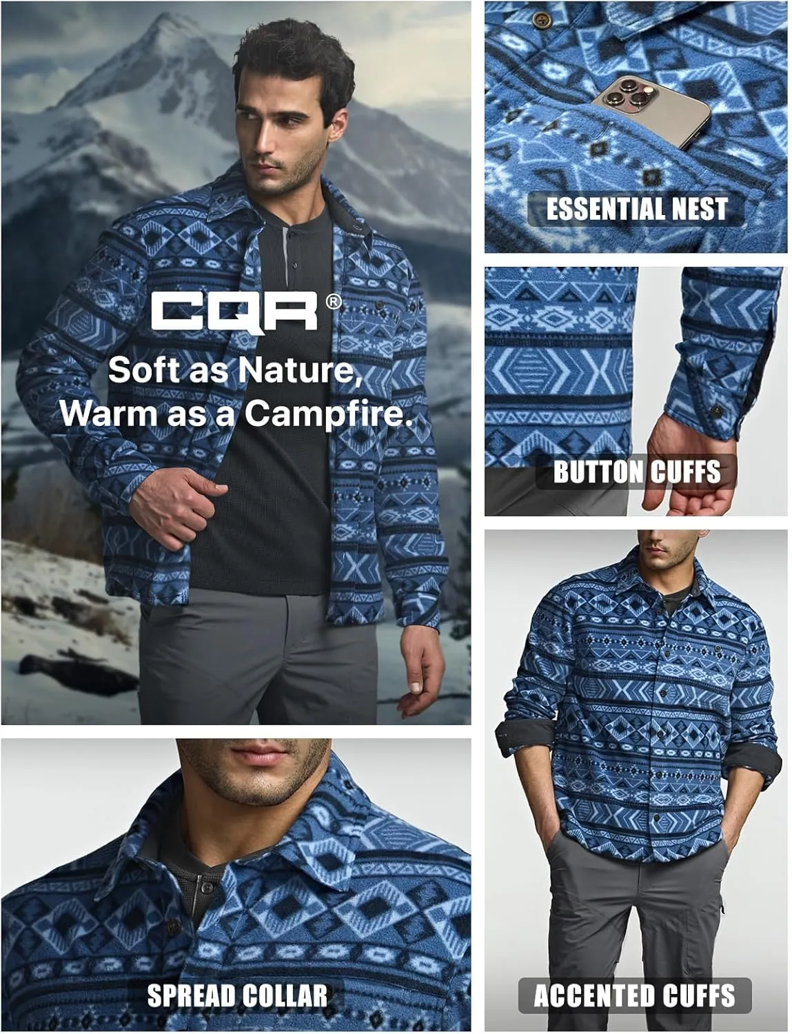 CQR Men's Long Sleeve Heavyweight Fleece Shirts, Plaid Button Up Shirt, Warm Outdoor Casual Shirt with Pockets
