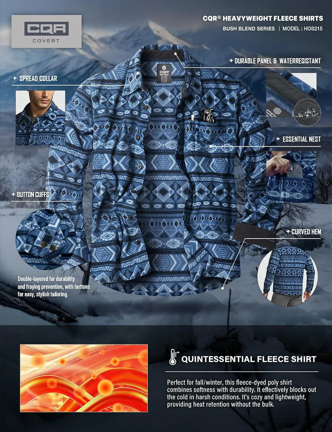 CQR Men's Long Sleeve Heavyweight Fleece Shirts, Plaid Button Up Shirt, Warm Outdoor Casual Shirt with Pockets