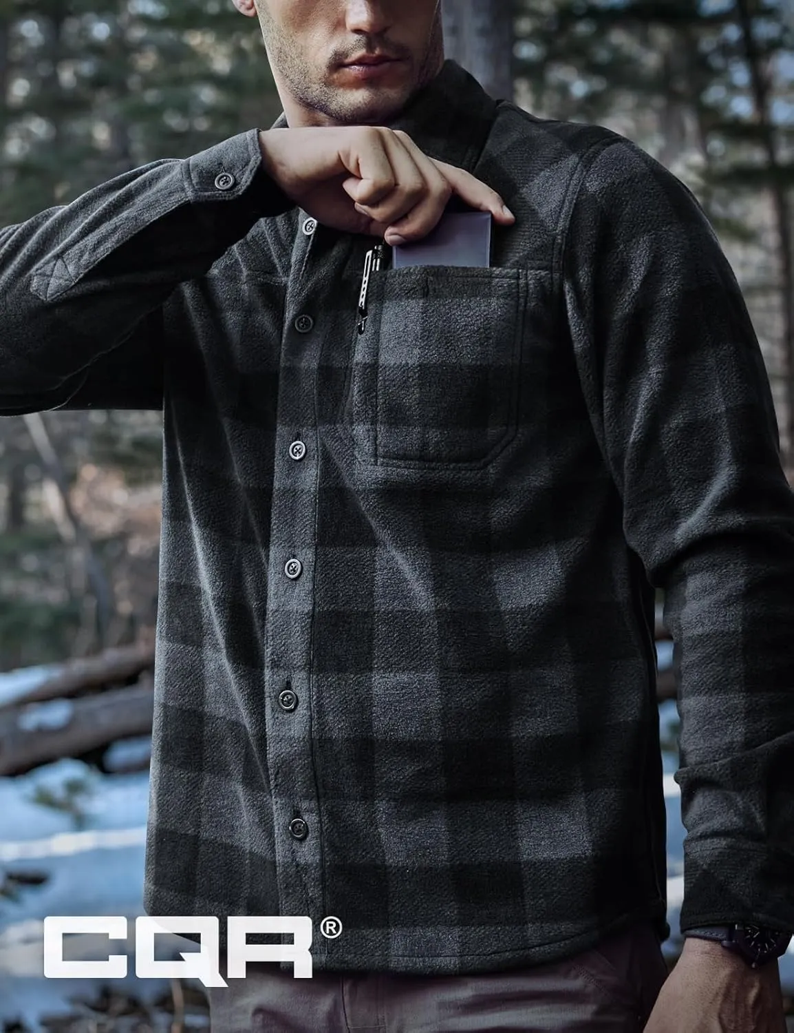 CQR Men's Long Sleeve Heavyweight Fleece Shirts, Plaid Button Up Shirt, Warm Outdoor Casual Shirt with Pockets