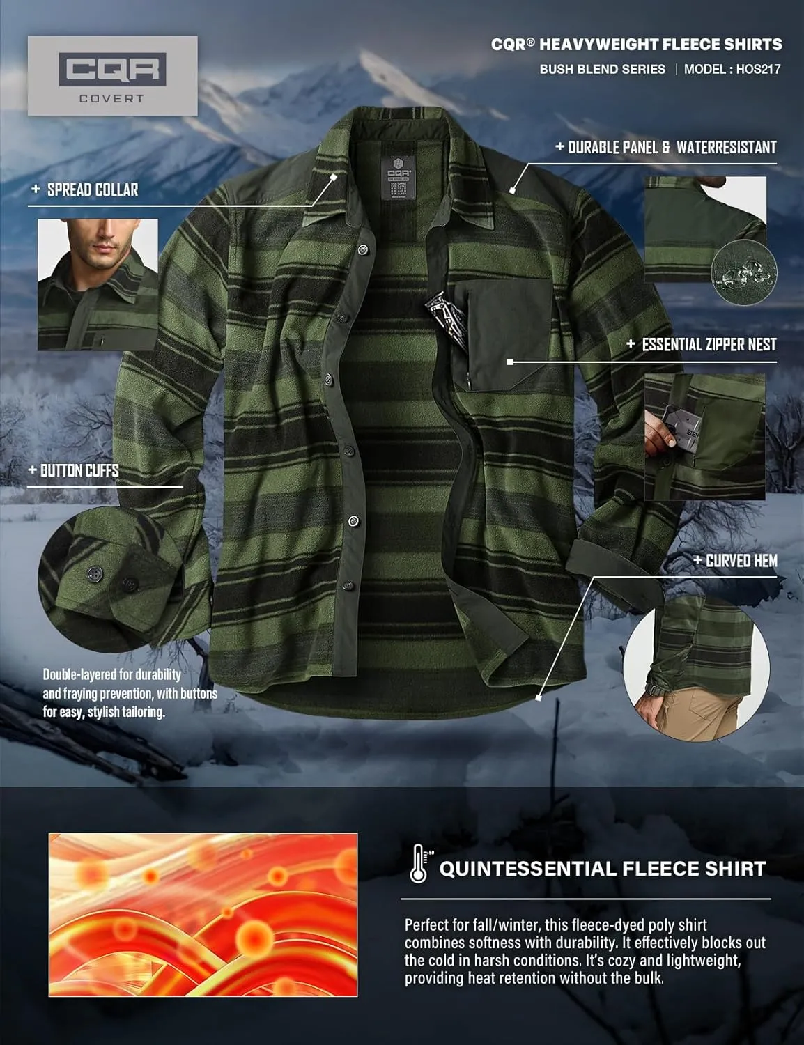 CQR Men's Long Sleeve Heavyweight Fleece Shirts, Plaid Button Up Shirt, Warm Outdoor Casual Shirt with Pockets