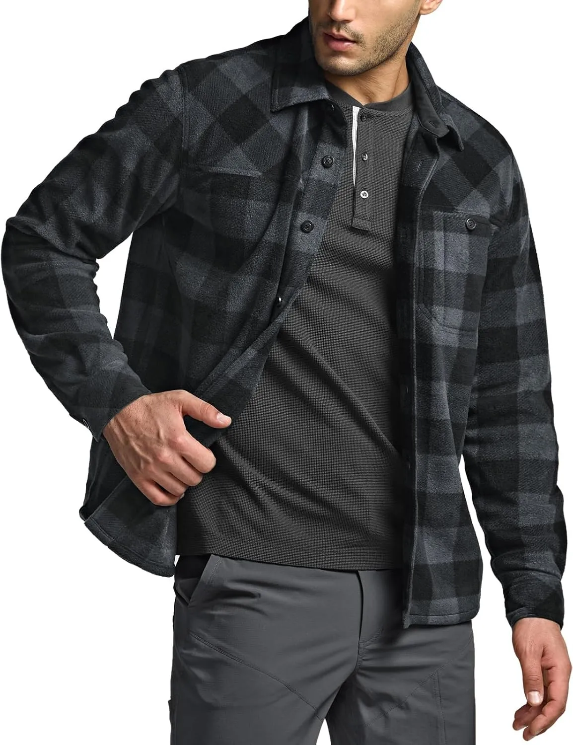 CQR Men's Long Sleeve Heavyweight Fleece Shirts, Plaid Button Up Shirt, Warm Outdoor Casual Shirt with Pockets