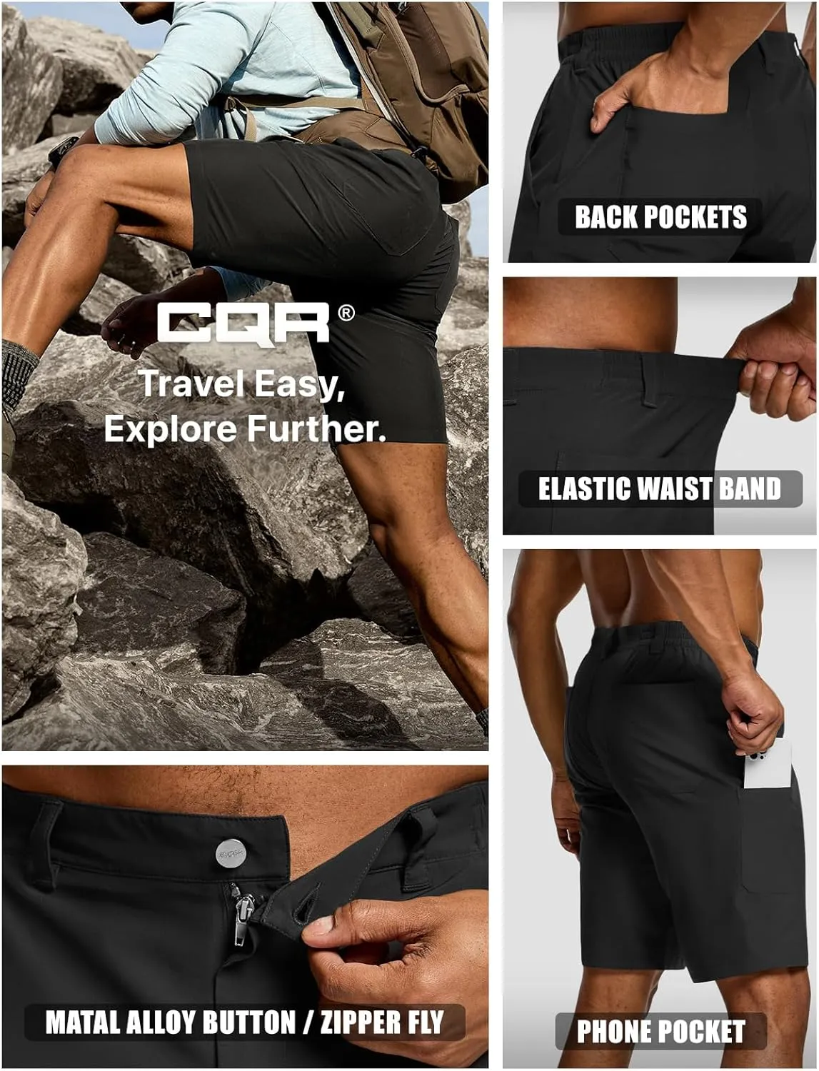 CQR Mens Quick-Dry Stretch Hiking Cargo Shorts  Lightweight Water-Resistant Tactical Casual, Golf & Outdoor with Pockets