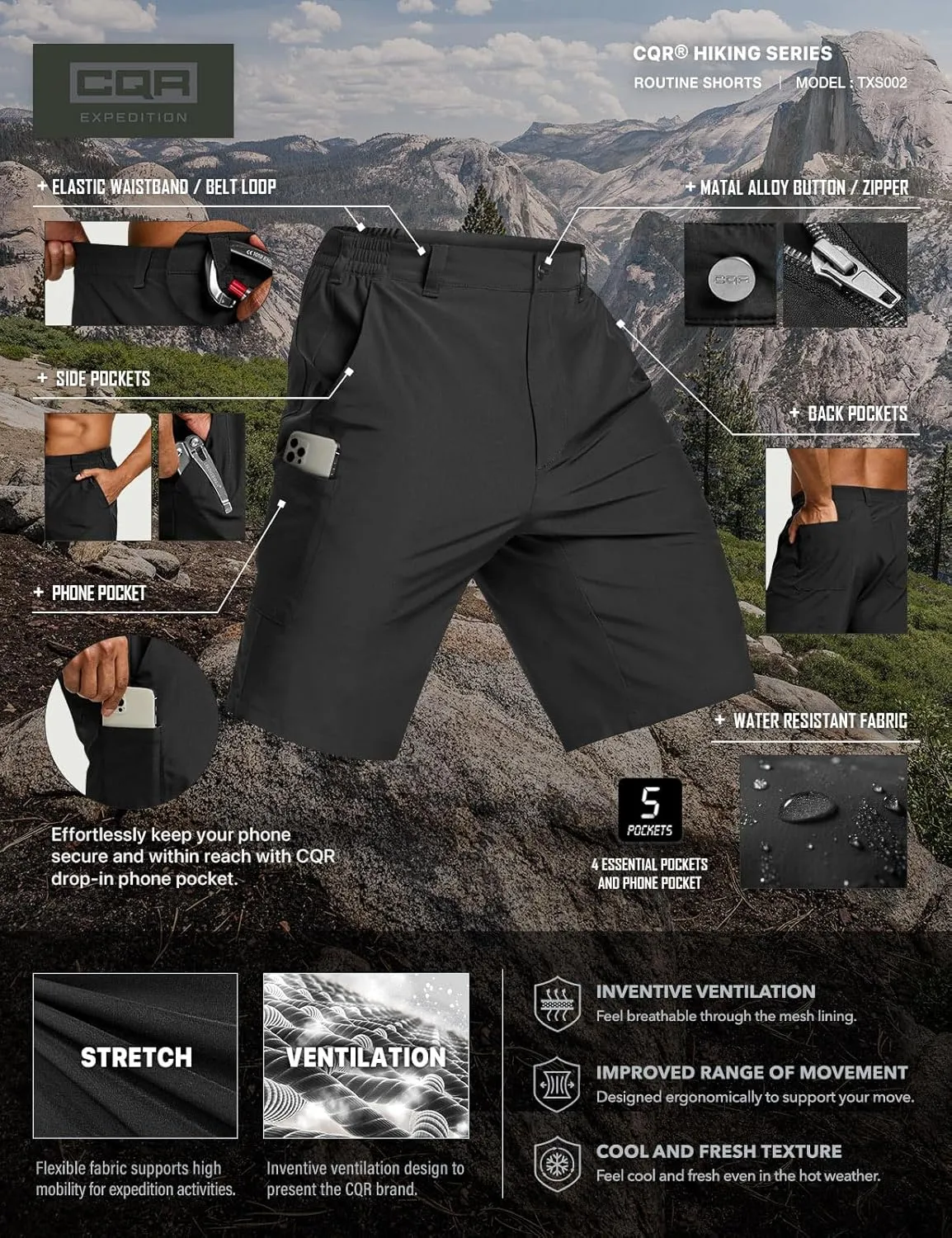 CQR Mens Quick-Dry Stretch Hiking Cargo Shorts  Lightweight Water-Resistant Tactical Casual, Golf & Outdoor with Pockets