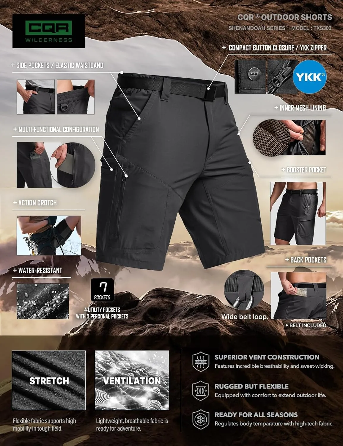 CQR Men's Quick Dry Stretch Hiking Cargo Shorts, Lightweight Water Resistant Tactical Casual, Golf & Outdoor with Pockets