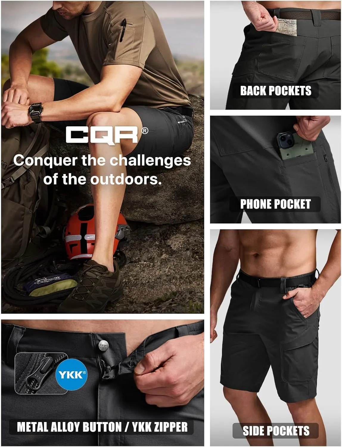 CQR Men's Quick Dry Stretch Hiking Cargo Shorts, Lightweight Water Resistant Tactical Casual, Golf & Outdoor with Pockets