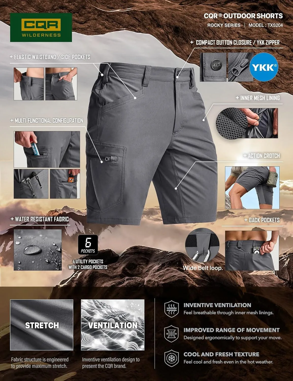 CQR Men's Quick Dry Stretch Hiking Cargo Shorts, Lightweight Water Resistant Tactical Casual, Golf & Outdoor with Pockets