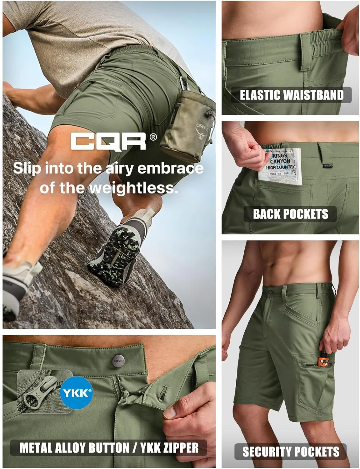 CQR Mens Quick-Dry Stretch Hiking Cargo Shorts  Lightweight Water-Resistant Tactical Casual, Golf & Outdoor with Pockets