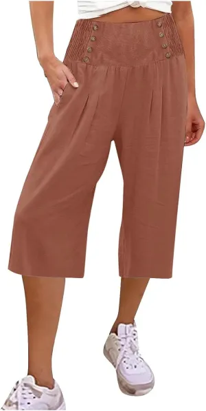 Cropped Wide Leg Pants for Women Summer Fashion Button Cotton Linen Pants High Waisted Lightweight Casual Trousers