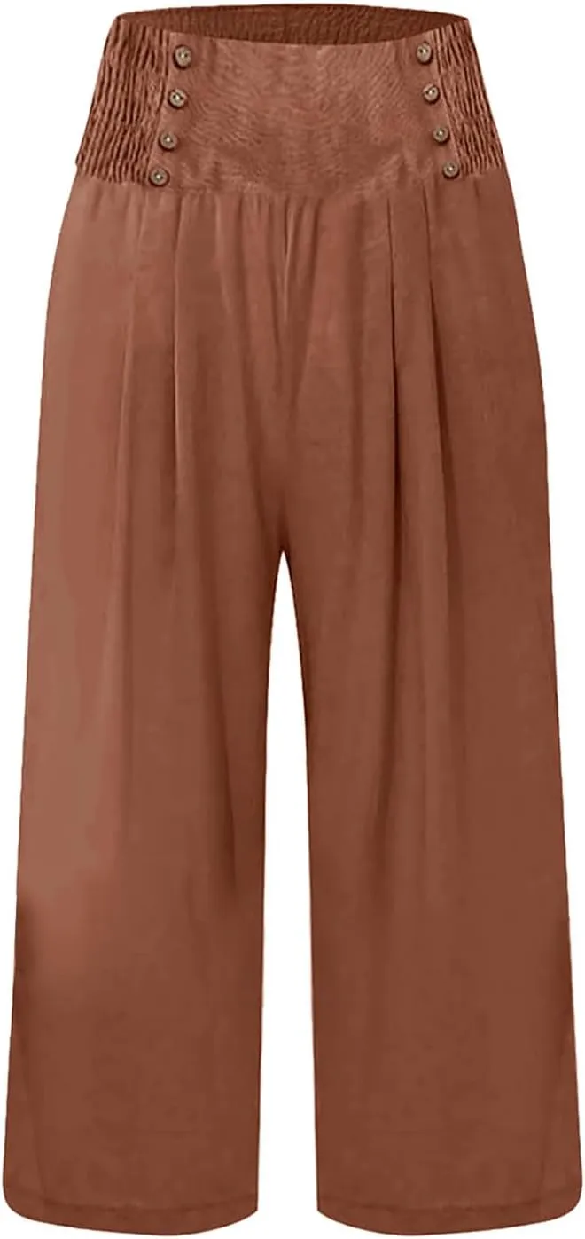 Cropped Wide Leg Pants for Women Summer Fashion Button Cotton Linen Pants High Waisted Lightweight Casual Trousers