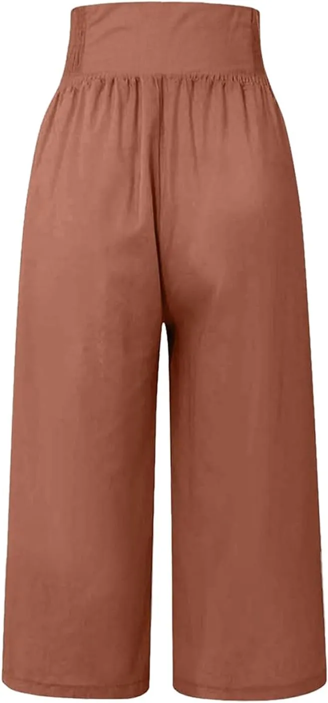 Cropped Wide Leg Pants for Women Summer Fashion Button Cotton Linen Pants High Waisted Lightweight Casual Trousers