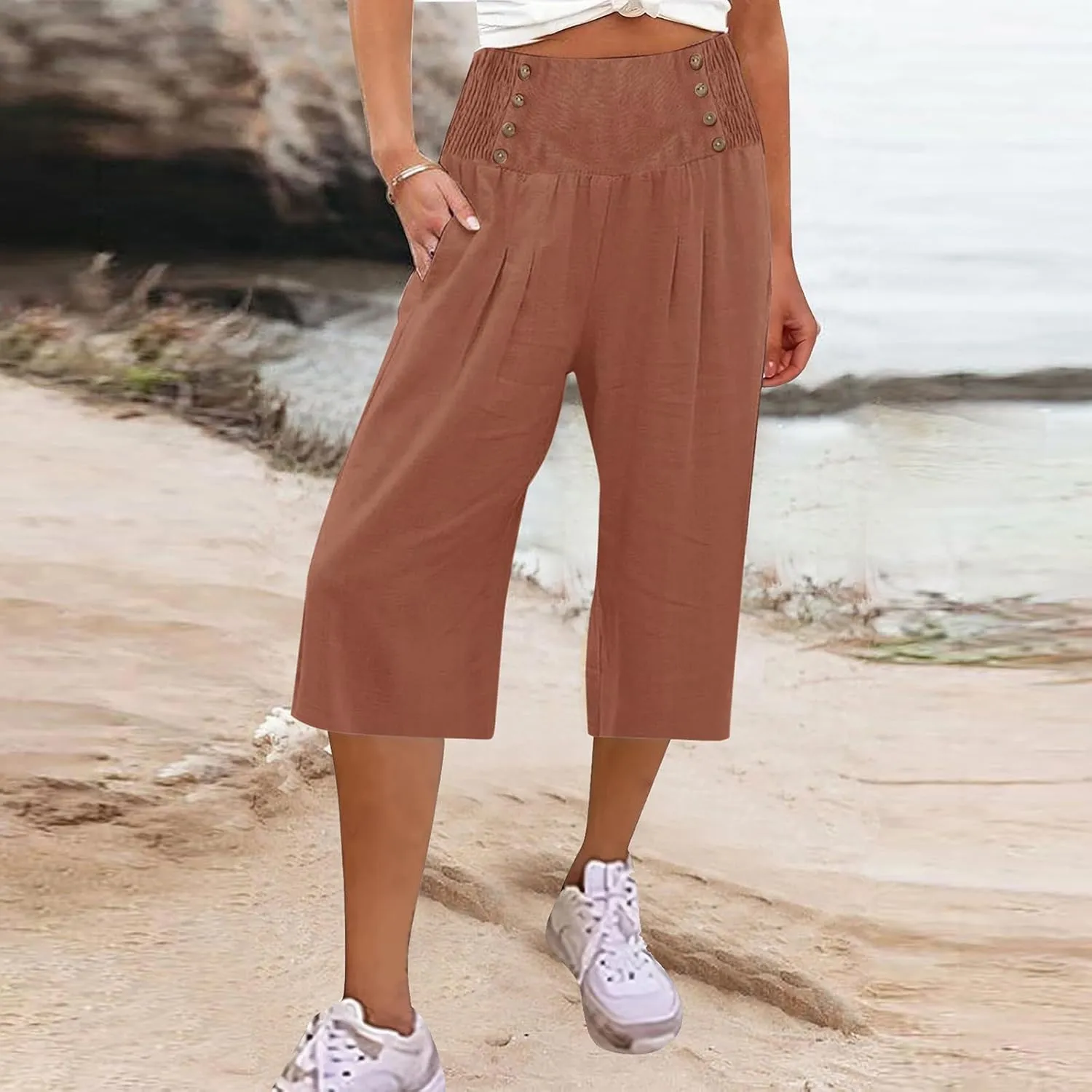 Cropped Wide Leg Pants for Women Summer Fashion Button Cotton Linen Pants High Waisted Lightweight Casual Trousers