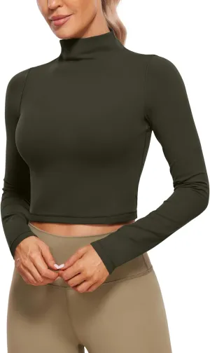 CRZ YOGA Womens Butterluxe Mock Turtleneck Long Sleeves Crop Tops Slim Fit Workout Casual T-Shirt Base Layer Fall Shirts