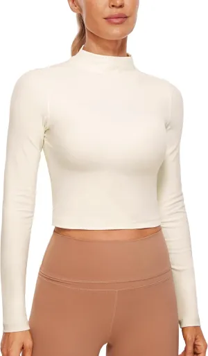 CRZ YOGA Womens Butterluxe Mock Turtleneck Long Sleeves Crop Tops Slim Fit Workout Casual T-Shirt Base Layer Fall Shirts