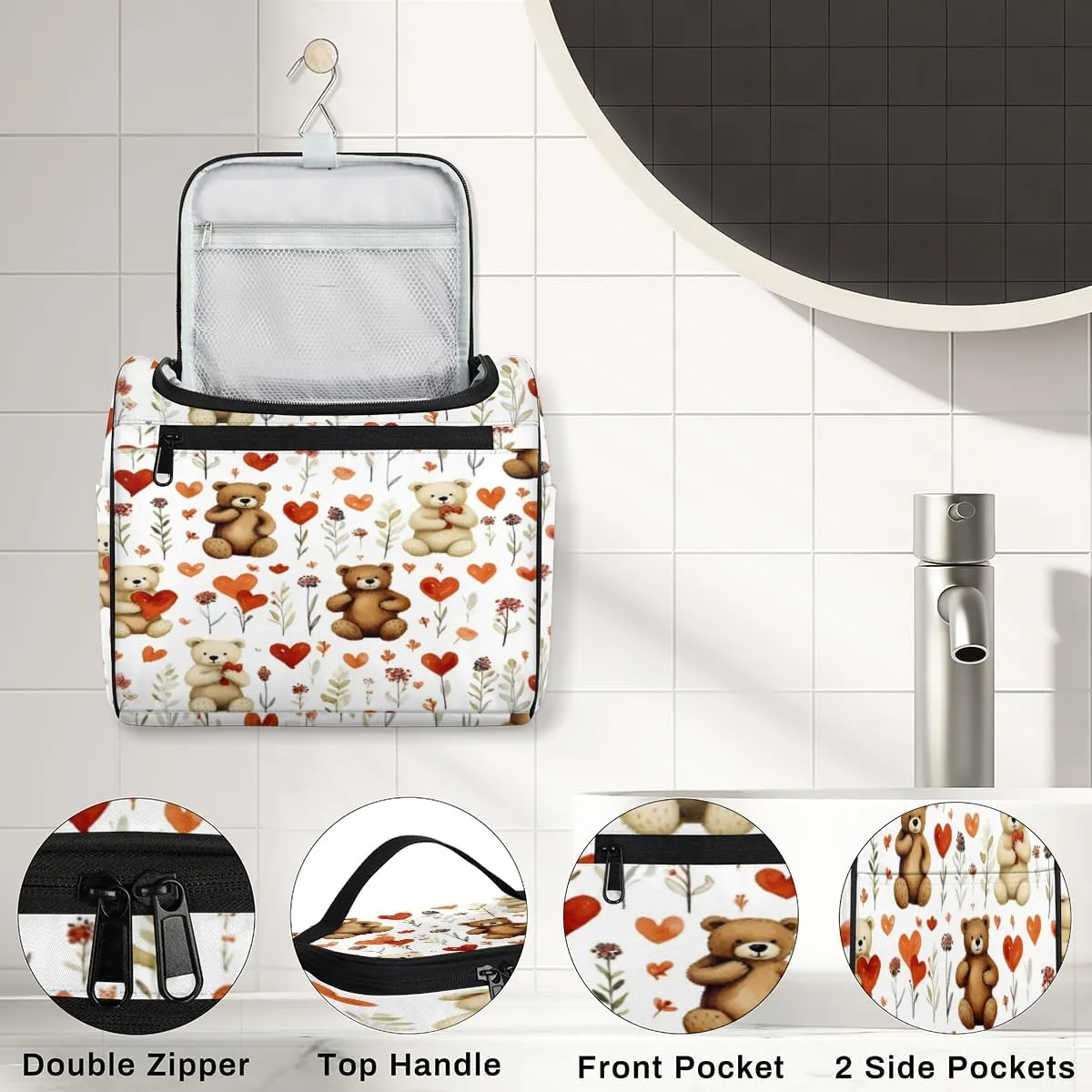 Cute Bear Heart Hanging Toiletry Bags Travel Makeup Bag Water-resistant Makeup Cosmetic Bag Travel Organizer