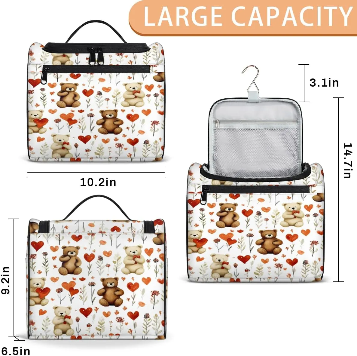 Cute Bear Heart Hanging Toiletry Bags Travel Makeup Bag Water-resistant Makeup Cosmetic Bag Travel Organizer