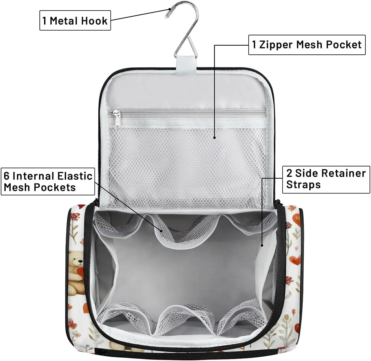Cute Bear Heart Hanging Toiletry Bags Travel Makeup Bag Water-resistant Makeup Cosmetic Bag Travel Organizer