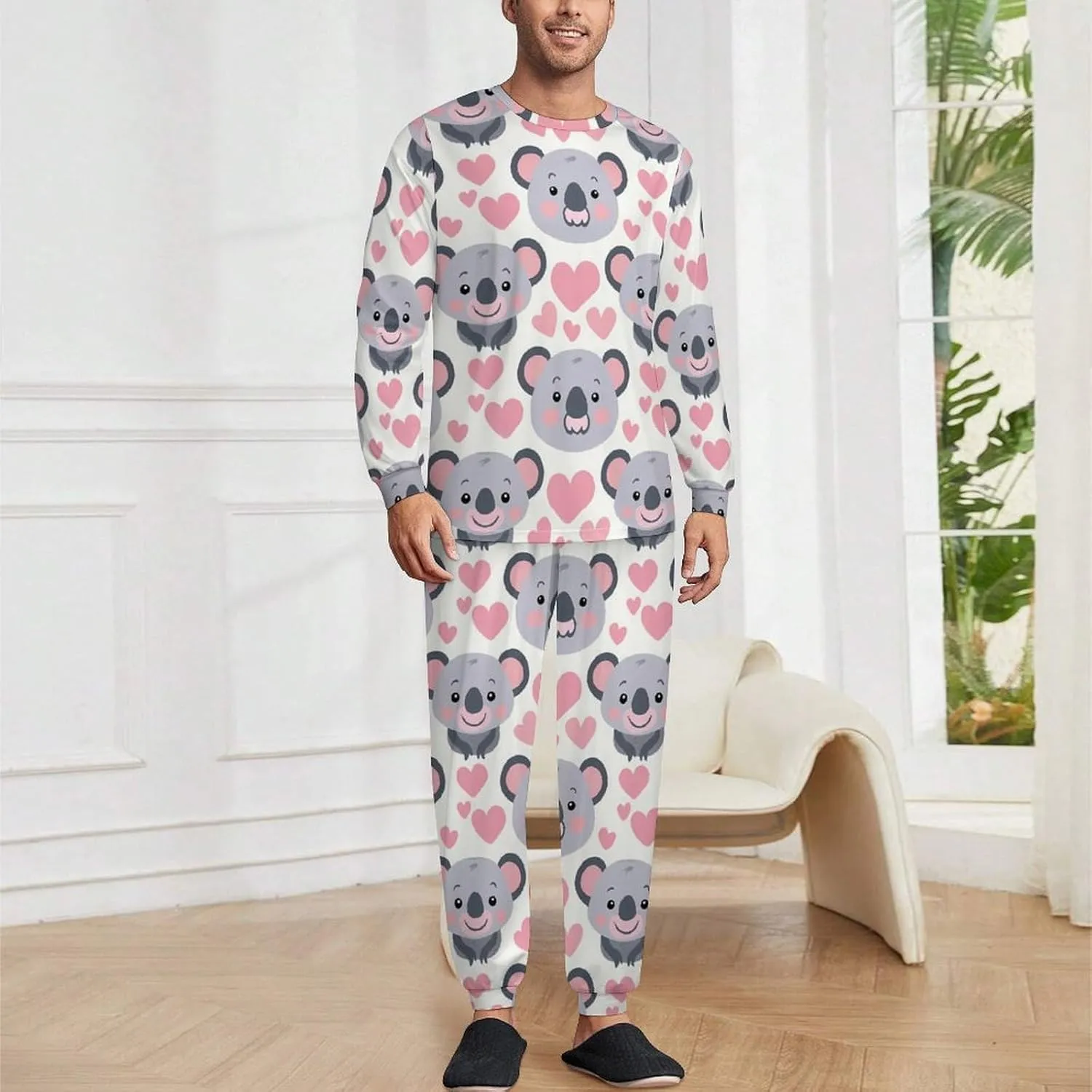 Cute Koala Men's Pajama Set Crewneck Shirts And Bottoms Soft Pjs Set Long Sleeve Sleepwear Loungewear