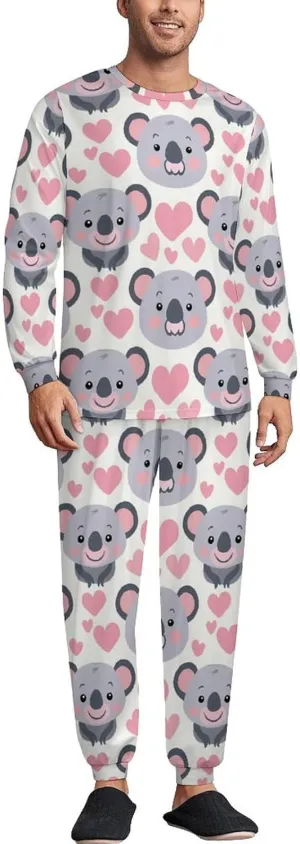 Cute Koala Men's Pajama Set Crewneck Shirts And Bottoms Soft Pjs Set Long Sleeve Sleepwear Loungewear