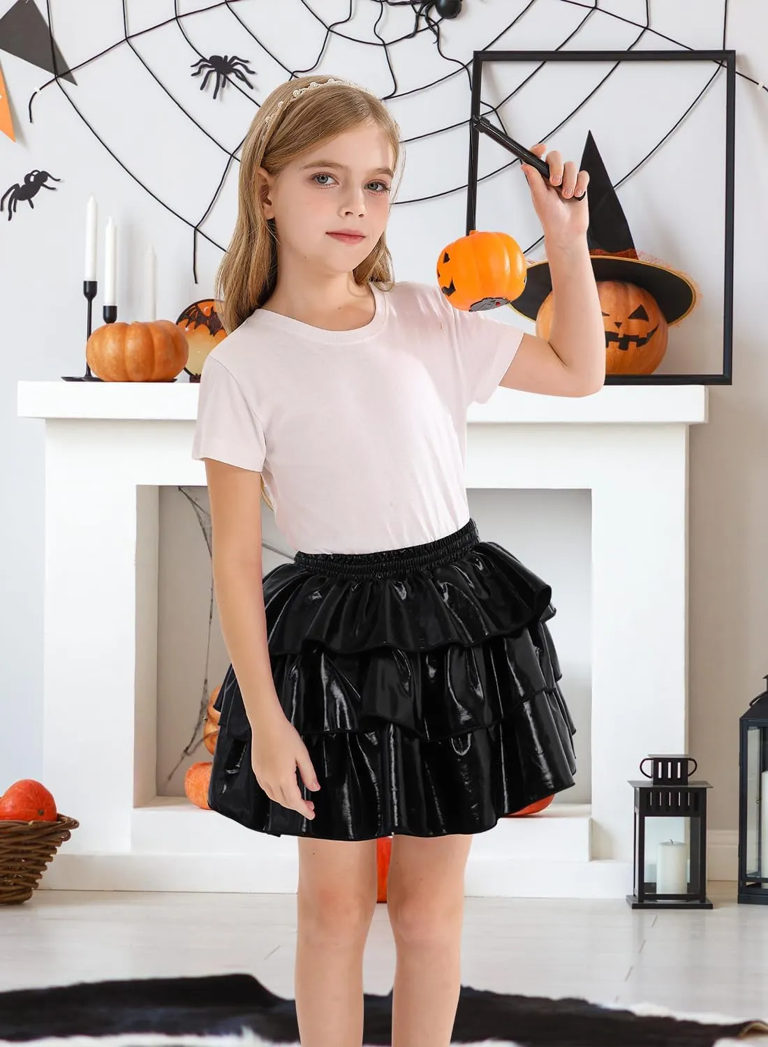 DAXIANG Girls Metallic Skirt with Shorts 3-Layer Pleated Ruffle Skirt for Girls Christmas Dance 4-13 Years