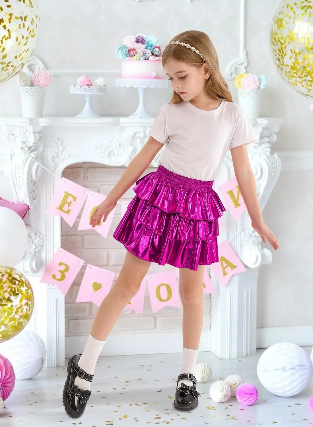 DAXIANG Girls Metallic Skirt with Shorts 3-Layer Pleated Ruffle Skirt for Girls Christmas Dance 4-13 Years