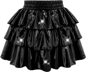 DAXIANG Girls Metallic Skirt with Shorts 3-Layer Pleated Ruffle Skirt for Girls Christmas Dance 4-13 Years