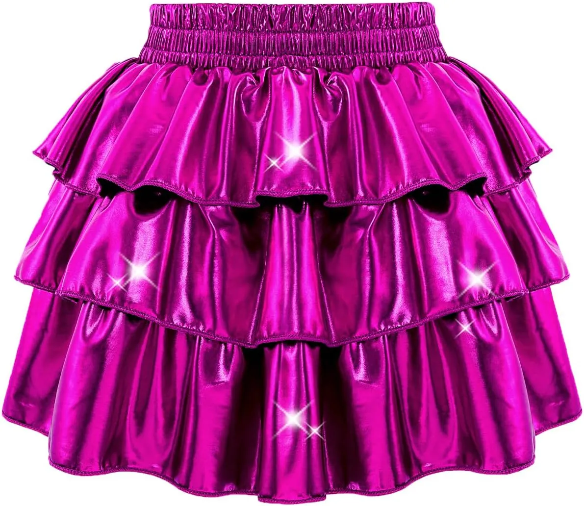 DAXIANG Girls Metallic Skirt with Shorts 3-Layer Pleated Ruffle Skirt for Girls Christmas Dance 4-13 Years