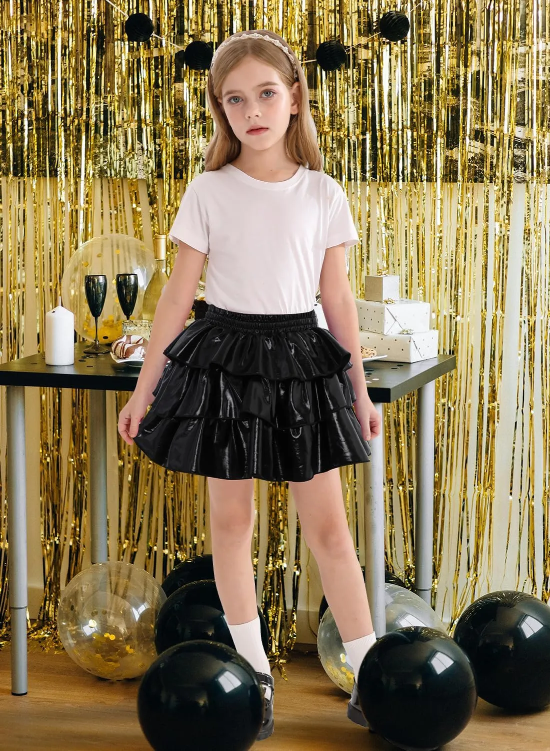DAXIANG Girls Metallic Skirt with Shorts 3-Layer Pleated Ruffle Skirt for Girls Christmas Dance 4-13 Years