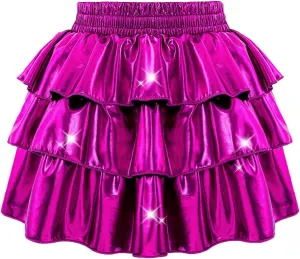 DAXIANG Girls Metallic Skirt with Shorts 3-Layer Pleated Ruffle Skirt for Girls Christmas Dance 4-13 Years