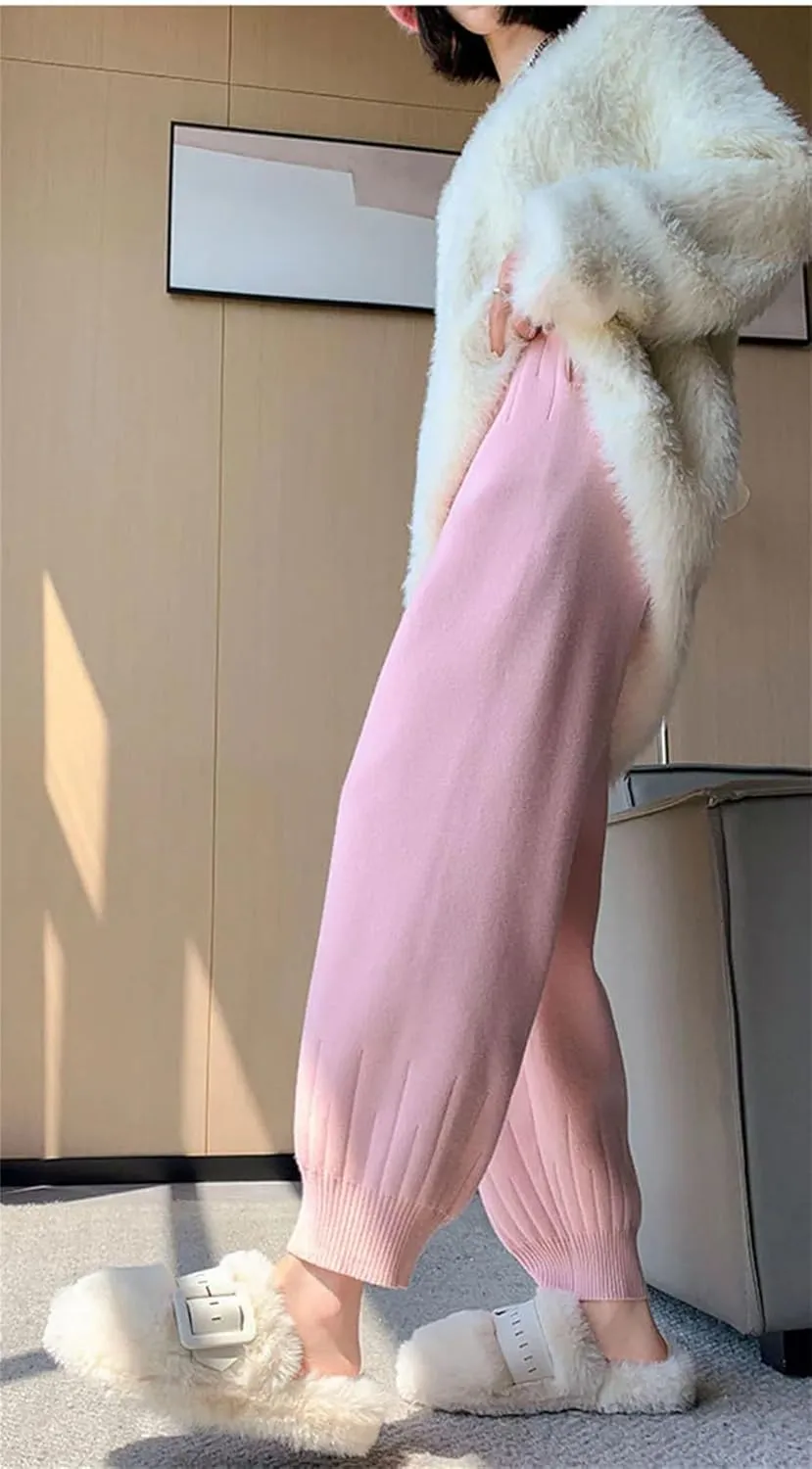 DBFBDTU Women Casual Harem Pants Loose Knitted Trousers Solid Color Sweater Trousers