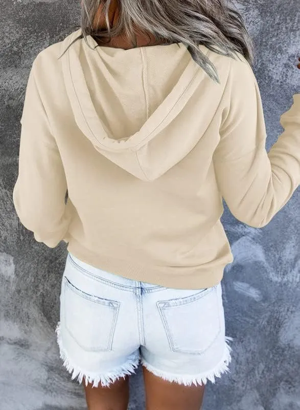 Dokotoo Womens 2025 Hoodies Button Collar Drawstring Hooded Pullover Sweatshirt Casual Long Sleeve Tops Shirts