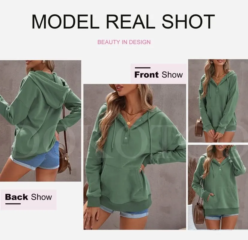 Dokotoo Womens 2025 Hoodies Button Collar Drawstring Hooded Pullover Sweatshirt Casual Long Sleeve Tops Shirts