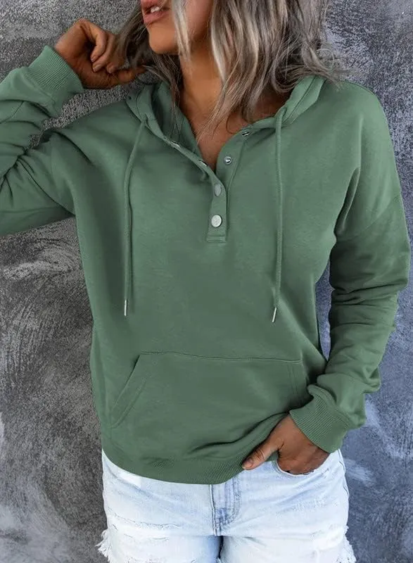 Dokotoo Womens 2025 Hoodies Button Collar Drawstring Hooded Pullover Sweatshirt Casual Long Sleeve Tops Shirts