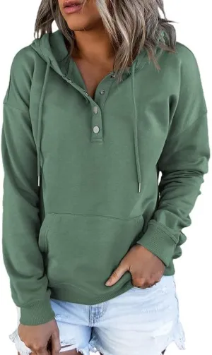 Dokotoo Womens 2025 Hoodies Button Collar Drawstring Hooded Pullover Sweatshirt Casual Long Sleeve Tops Shirts
