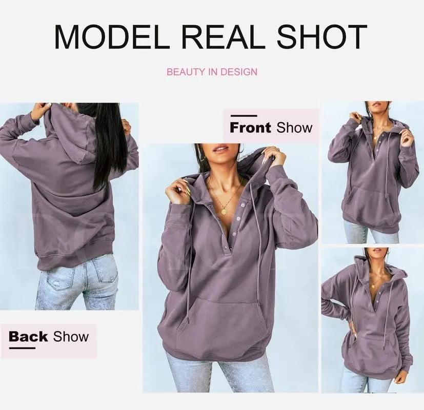 Dokotoo Womens 2025 Hoodies Button Collar Drawstring Hooded Pullover Sweatshirt Casual Long Sleeve Tops Shirts