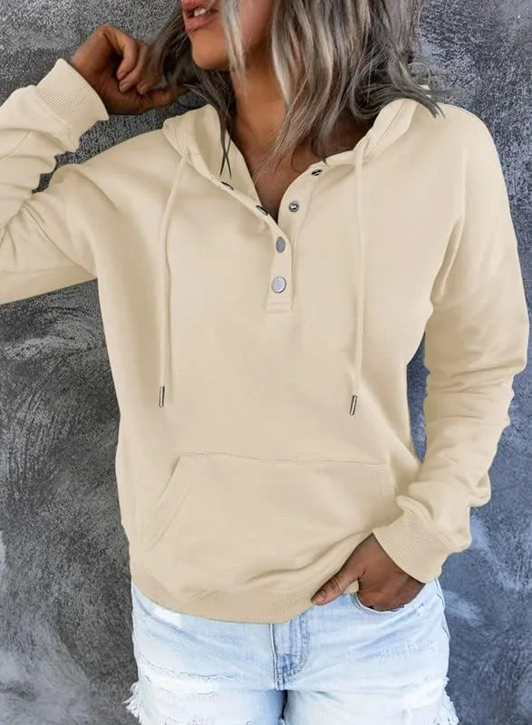 Dokotoo Womens 2025 Hoodies Button Collar Drawstring Hooded Pullover Sweatshirt Casual Long Sleeve Tops Shirts