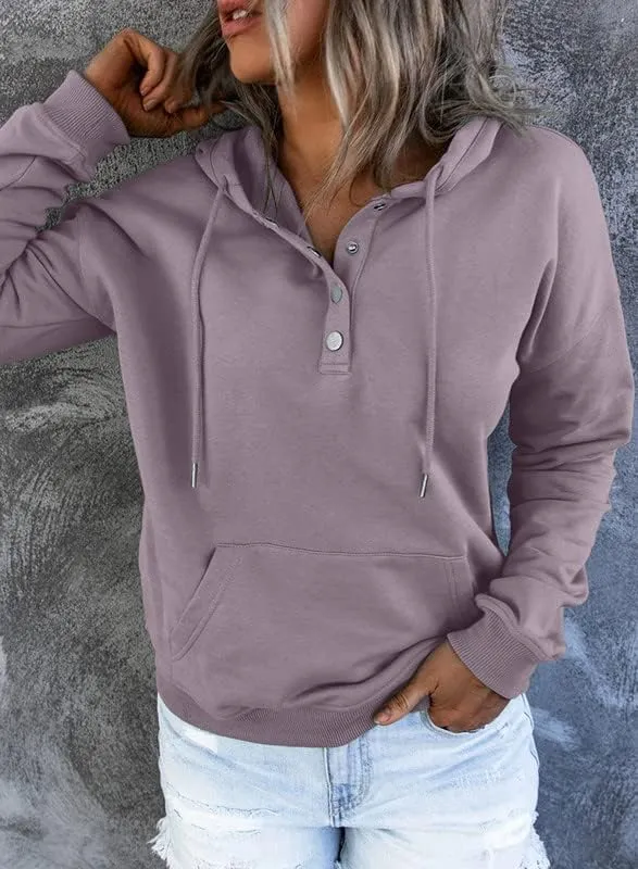 Dokotoo Womens 2025 Hoodies Button Collar Drawstring Hooded Pullover Sweatshirt Casual Long Sleeve Tops Shirts