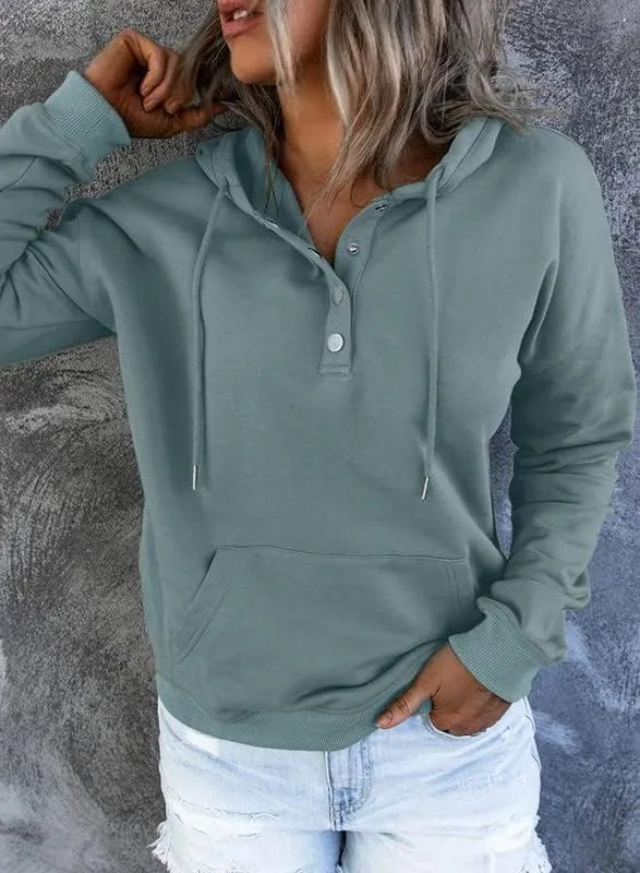 Dokotoo Womens 2025 Hoodies Button Collar Drawstring Hooded Pullover Sweatshirt Casual Long Sleeve Tops Shirts