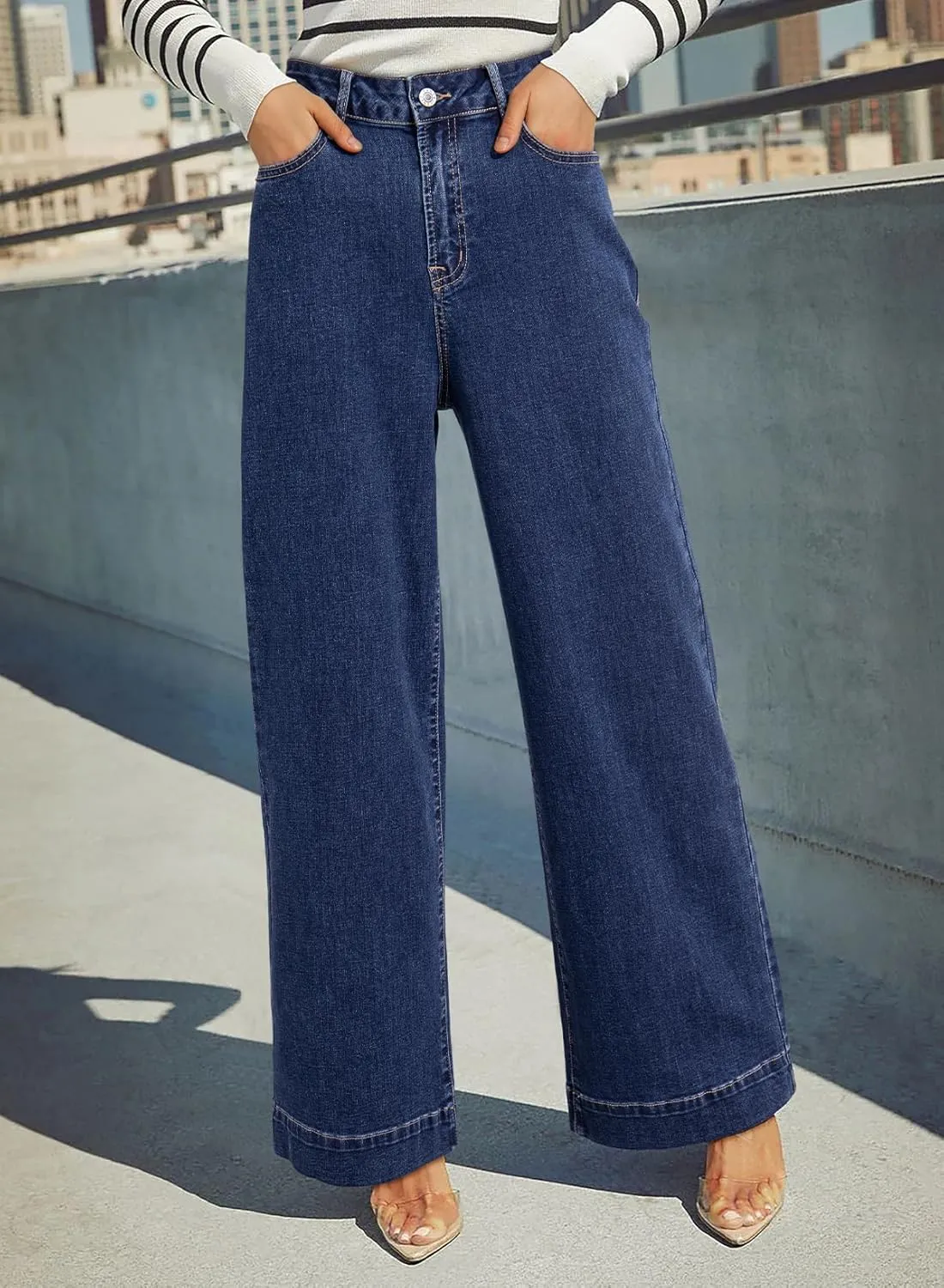 Dokotoo Women's Casual High Waisted Jeans Stretch Wide Leg Loose Denim Pants with Pockets