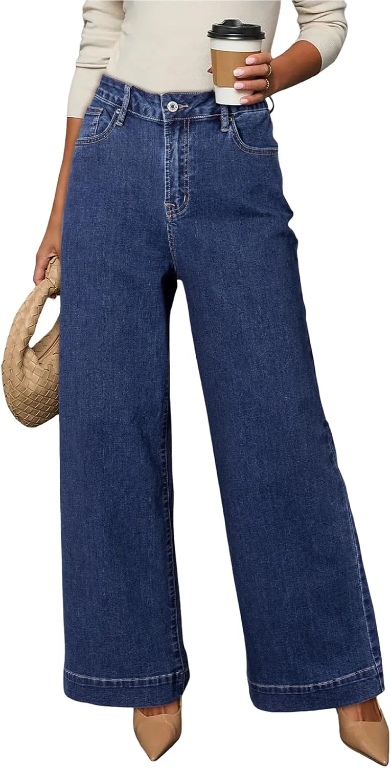 Dokotoo Women's Casual High Waisted Jeans Stretch Wide Leg Loose Denim Pants with Pockets