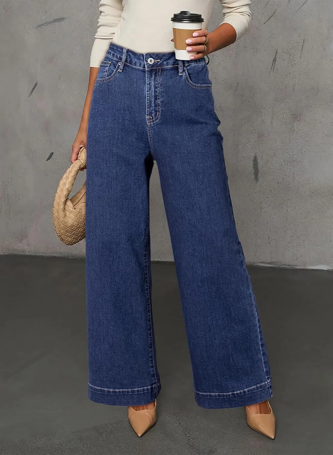 Dokotoo Women's Casual High Waisted Jeans Stretch Wide Leg Loose Denim Pants with Pockets