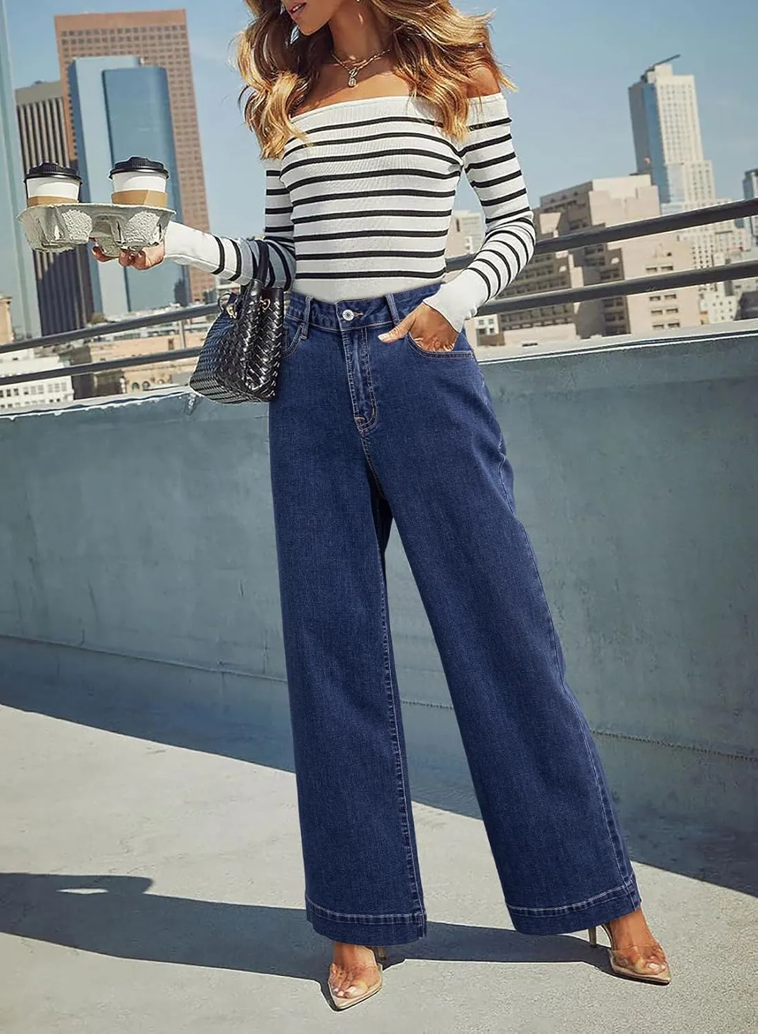 Dokotoo Women's Casual High Waisted Jeans Stretch Wide Leg Loose Denim Pants with Pockets