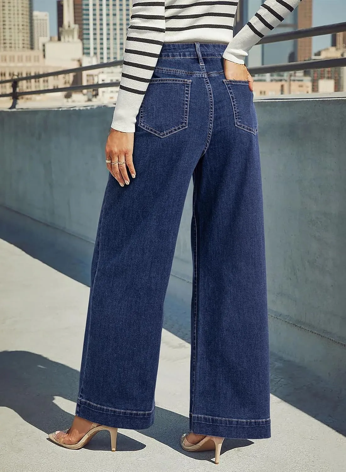 Dokotoo Women's Casual High Waisted Jeans Stretch Wide Leg Loose Denim Pants with Pockets