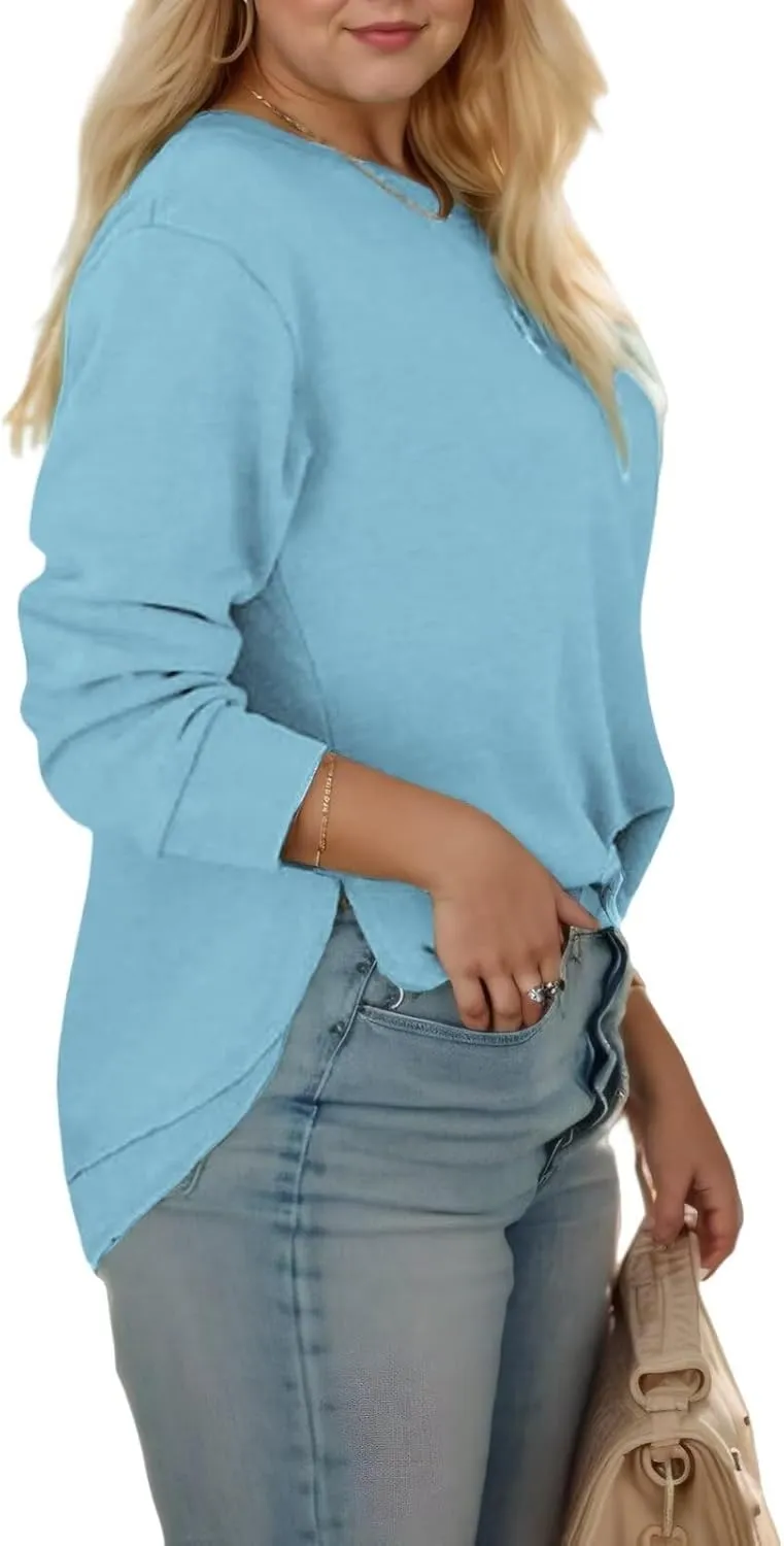 DOLNINE Plus-Size-Sweatshirts for Women Casual Crewneck Shirts Long Sleeve Side Split Tunic Tops Loose Fit Pullover