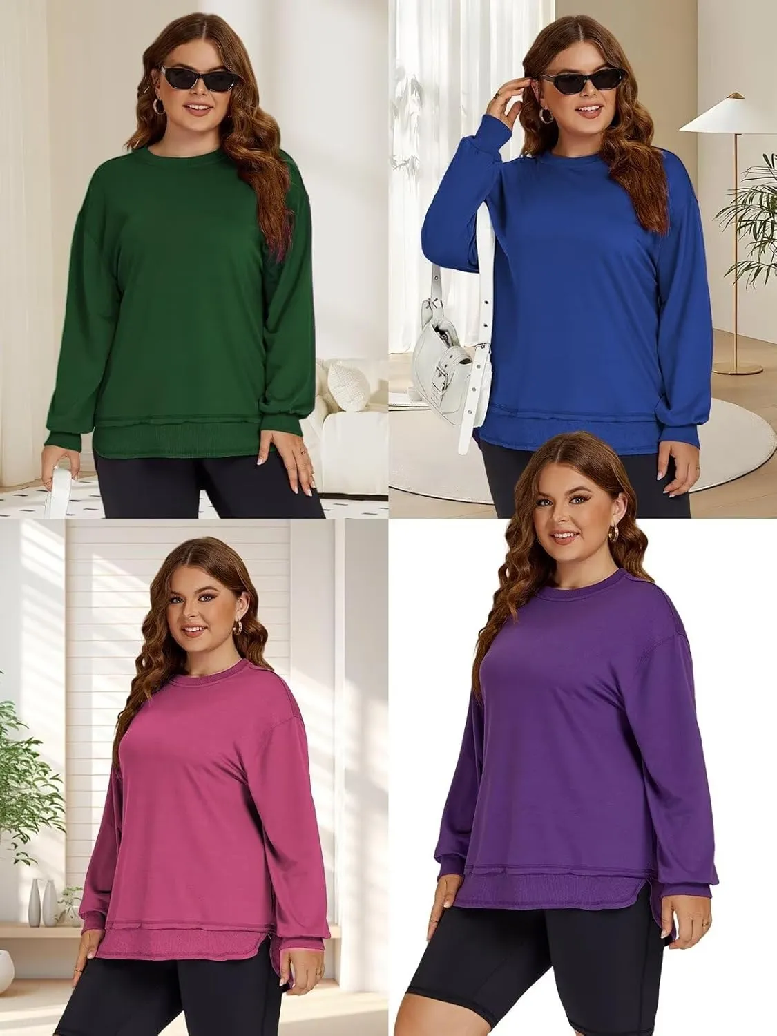 DOLNINE Plus-Size-Sweatshirts for Women Casual Crewneck Shirts Long Sleeve Side Split Tunic Tops Loose Fit Pullover