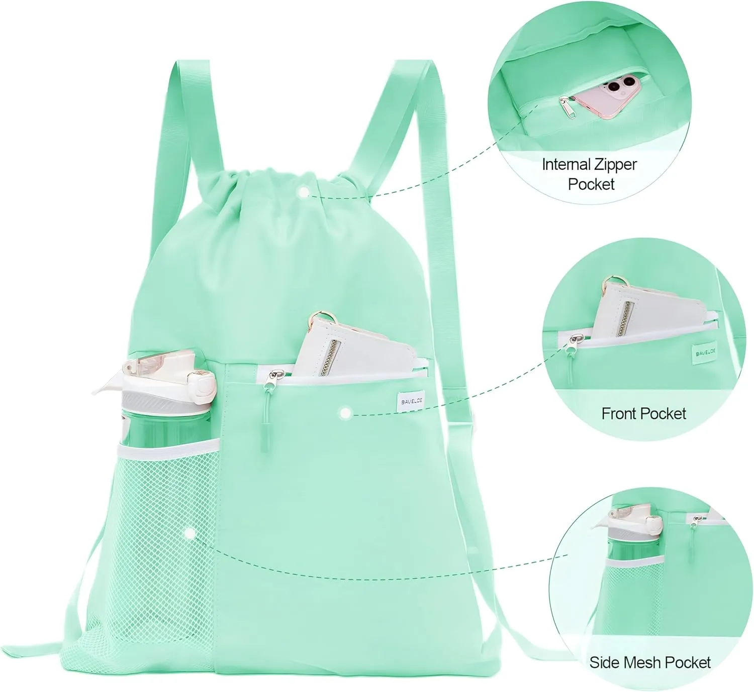 Drawstring Backpack with Mesh Pocket Water Resistant String Beach Swim Sports Gym for Women Men (Mint Green)