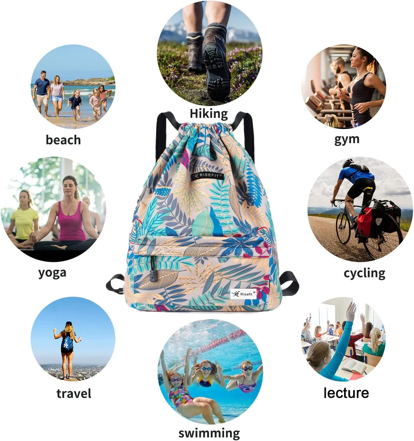Drawstring Backpack with Mesh Pockets String Gym Bag Sackpack Sandproof Water Resistant Beach Backpack for Men Women