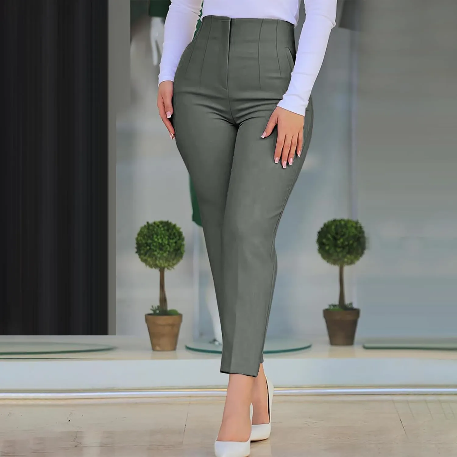 Dress Pants for Women Casual High Waist Work Office Pants Slim Fit Tummy Control Business Ankle Length Trousers